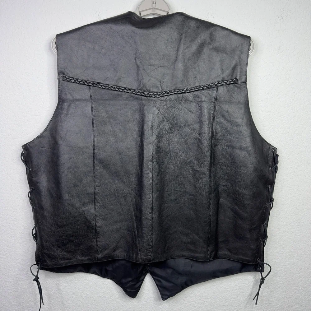 Shaf Leather Vest Mens‎ 56 Black Braided Lace-Up Snap Motorcycle Biker Grunge